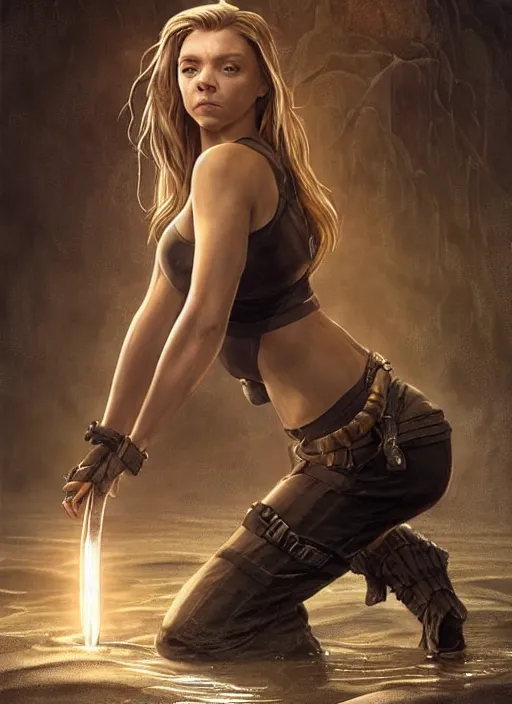 Image similar to Natalie Dormer as Lara Croft as a ruggedly handsome heroine kneeling next to a glowing artifact lodged in shallow water, intricate, elegant, highly detailed, artstation, concept art, smooth, sharp focus, illustration, bokeh art by artgerm and donato giancola and Joseph Christian Leyendecker, WLOP, fireflies