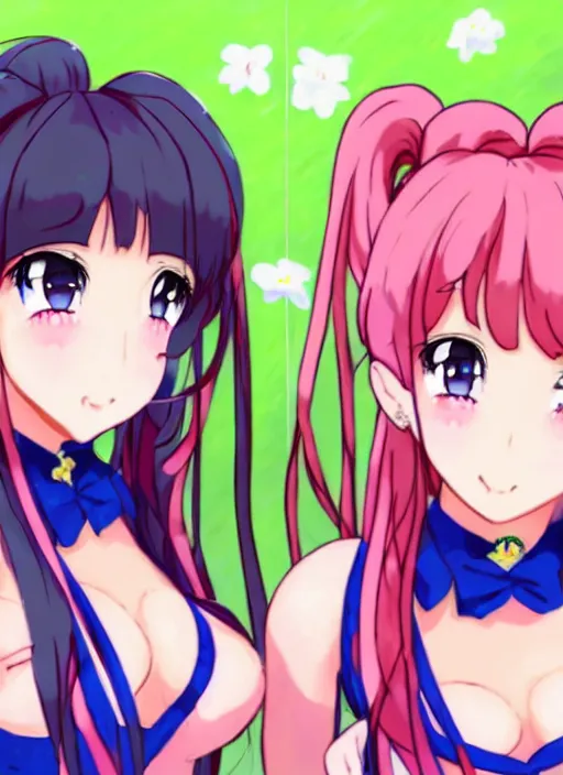 Image similar to two beautiful female idols with twintails taunting each other, gorgeous faces, smooth, detailed anime art