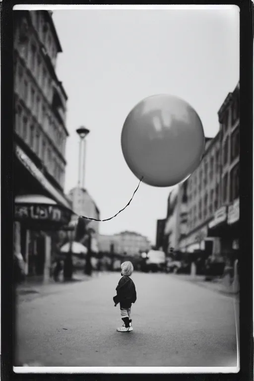 Prompt: photo polaroid of a sad and lonely child in the middle of a street holds the string of a balloon in front of him a Ferris wheel of a funfair, loneliness, black and white ,photorealistic, 35mm film,