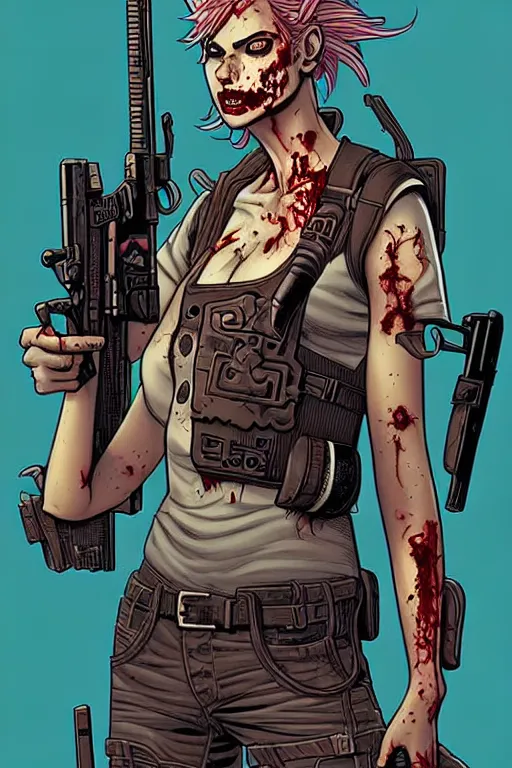 Prompt: comic cover art of a zombie gunslinger, inspired by gunsmith cats and tank girl, illustration by jenny frison and sana takeda, intricate details, stunning inking lines, stunning gradient colors, 4 k, hd, artstation