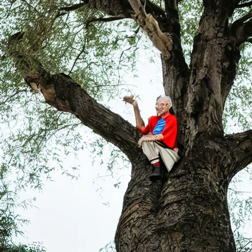 Image similar to an elderly man stuck in a tree, canon eos r 3, f / 1. 4, iso 2 0 0, 1 / 1 6 0 s, 8 k, raw, unedited, symmetrical balance, in - frame