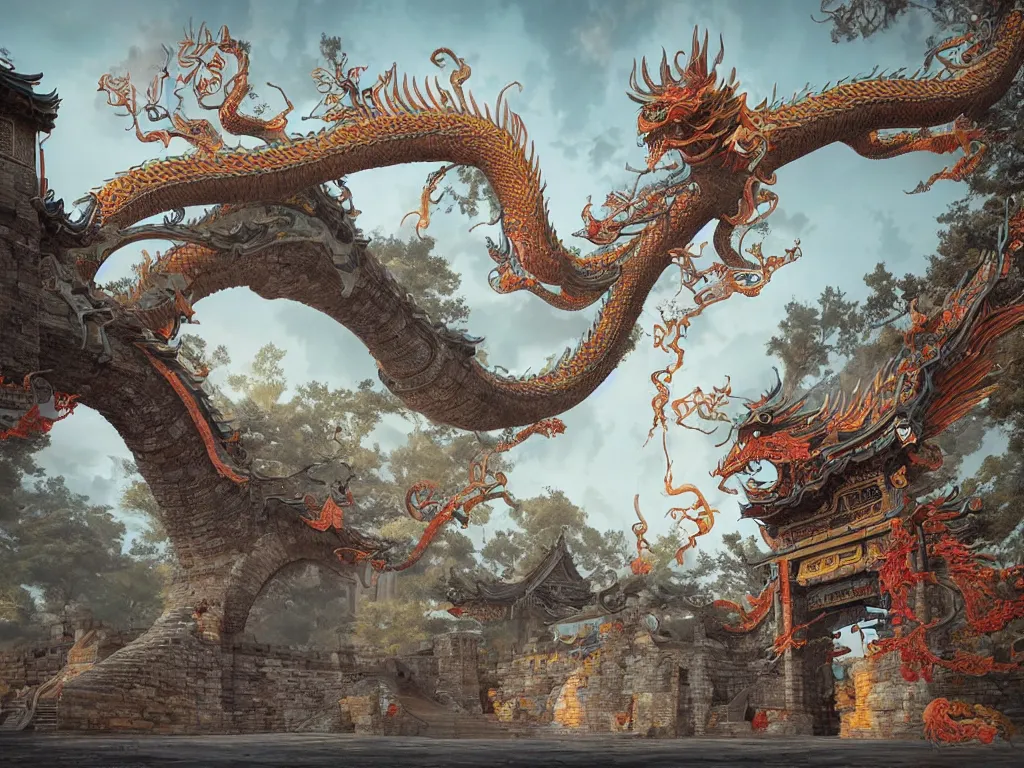 Image similar to tang dynasty shinto gate at the top of many stone steps, a chinese dragon flies behind by peter mohrbacher and dan mumford and nekro, cgsociety, volumetric light, 3 d render