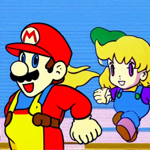 Image similar to super mario in everyday clothes cooking pasta for princess peach, sprite, vaporwave nostalgia, directed by beat takeshi, visual novel cg, 8 0 s anime vibe, kimagure orange road, maison ikkoku, sketch by akira toriyama