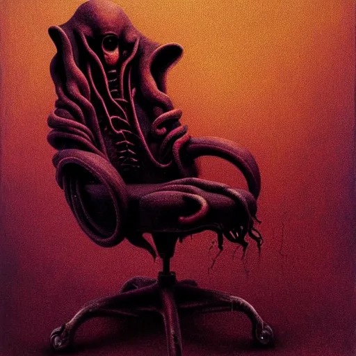 Image similar to horrifying eldritch gaming chair, painting by zdzisław beksinski, product photograph, 4 k, dark atmosphere, horror, rot, oozing, tendrils