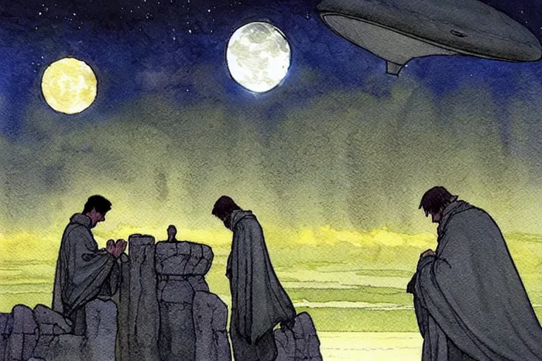 Image similar to a realistic and atmospheric watercolour fantasy concept art of a ufo landing in a floating stonehenge. medieval monk in grey robes is on his knees praying. a crescent moon in the sky. muted colors. by rebecca guay, michael kaluta, charles vess and jean moebius giraud