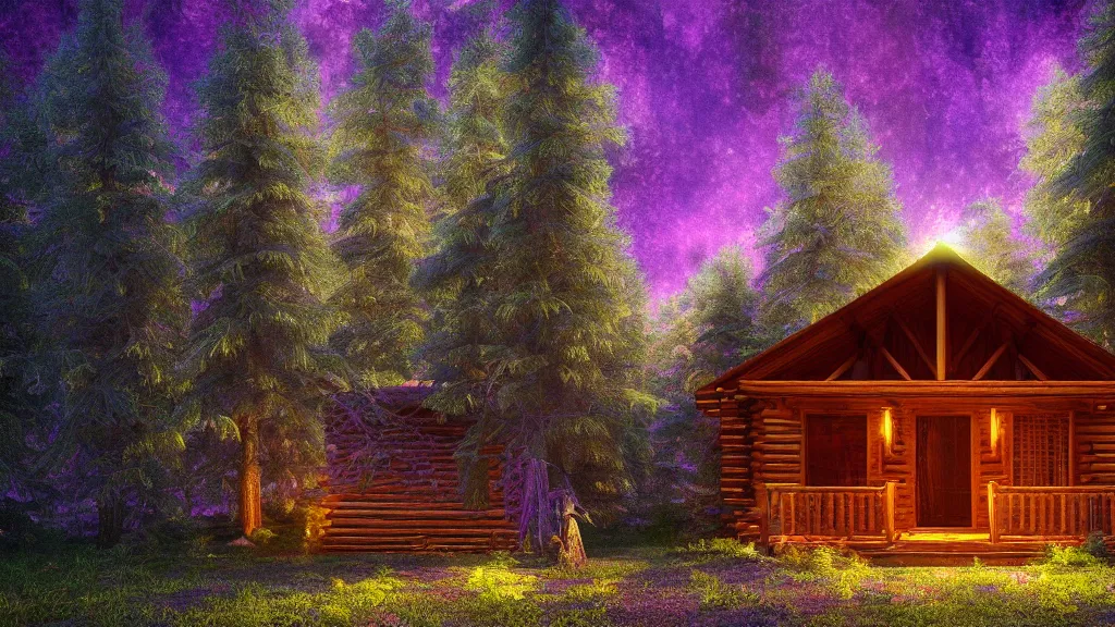 Image similar to portrait of an ethereal log cabin made of golden purple and green light, evergreen forest, divine, cyberspace, mysterious, dark high-contrast concept art, 3D render