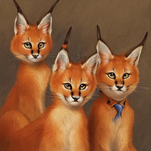 Image similar to three cute caracals wearing red ties, digital art, highly detailed by gaston bussiere, craig mullins, j. c. leyendecker 8 k