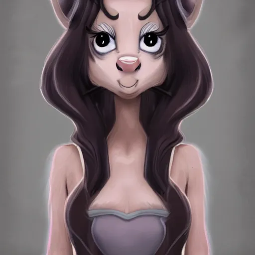 Image similar to headshot of young female furry, D&D, cute, fantasy, intricate, long hair, dark grey skin, mouse face, mouse nose, dark skin, mouse head, mouse ears, black hair, elegant, highly detailed, cartoony, artstation, concept art, smooth, sharp focus, illustration, art by Diives