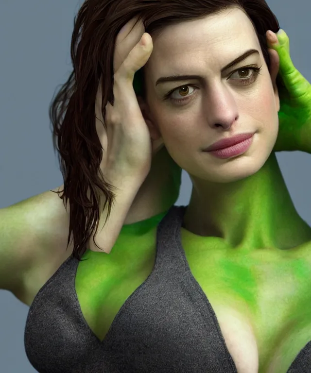 Image similar to anne hathaway as shehulk, au naturel, hyper detailed, digital art, trending in artstation, cinematic lighting, studio quality, smooth render, unreal engine 5 rendered, octane rendered