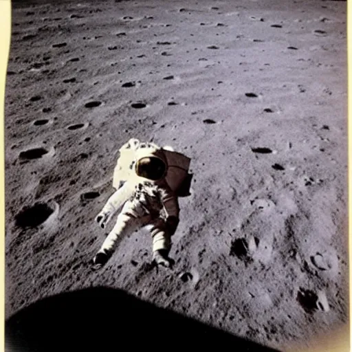 Image similar to a vintage Polaroid of Albert Einstein landing on the moon, visor up