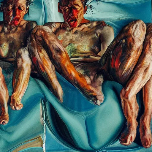 Prompt: high quality high detail painting by lucian freud and jenny saville, hd, psychedelic freak out, turquoise, ambient lighting