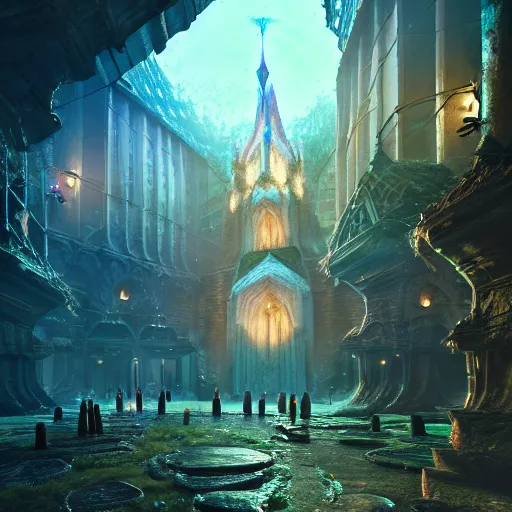 Prompt: inside a magical ethereal elven city, highly detailed, 4k, HDR, award-winning, octane render, artstation