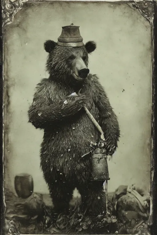 Prompt: a wet plate photo of an anthropomorphic bear dressed as a medieval woodsman