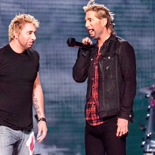 Prompt: chad robert kroeger of nickelback looking at what is on joey's head