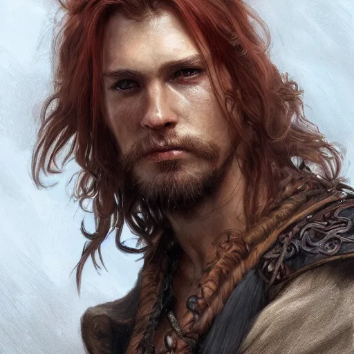 Image similar to portrait of a young rugged pirate, male, masculine, upper body, red hair, long hair, soft hair, D&D, fantasy, intricate, elegant, highly detailed, digital painting, artstation, concept art, matte, sharp focus, illustration, art by Artgerm and Greg Rutkowski and Alphonse Mucha