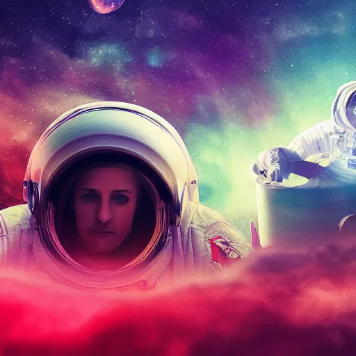 Prompt: an astronaut and a spaceship on a alien surface with psychedelic clouds 8 k