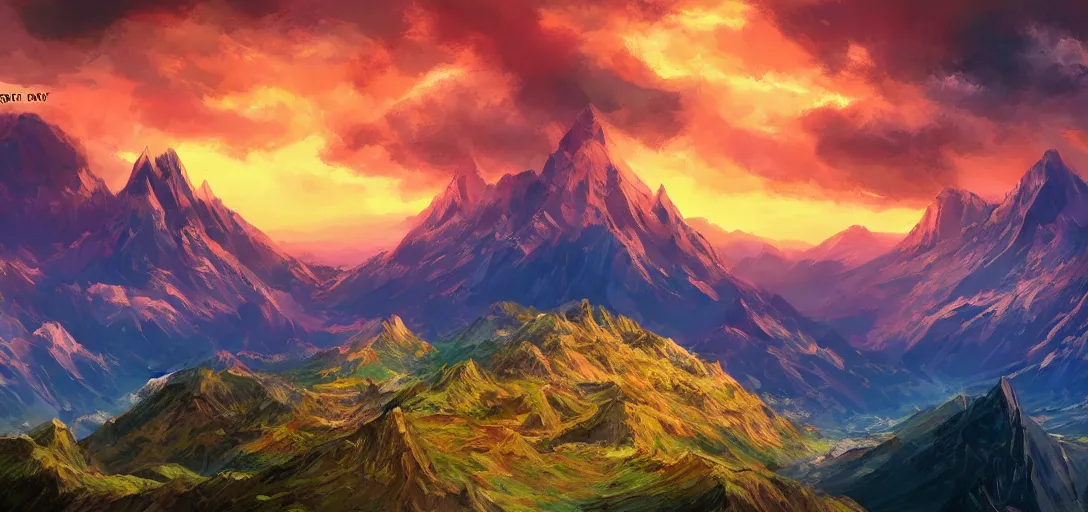 Image similar to vast mountain landscape, craggy mountains, magic the gathering, three - colors, three - color color palette, panoramic, wide angle, horizon, highly detailed