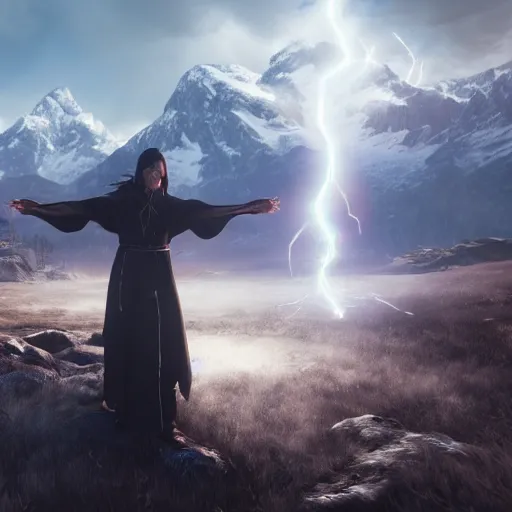 Image similar to mage in skyrim with black robes and lightning spell coming from hands, sunny day, mountains, 4 k, by greg rutkowski