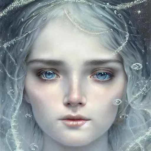 Image similar to Beautiful Delicate Detailed full head portrait of snow woman, With Magical grey eyes by Tom Bagshaw, Bastien Lecouffe Deharme, Erik Johansson, Amanda Sage, Alex Grey, Alphonse Mucha, Harry Clarke, Josephine Wall and Pino Daeni, Delicate winter frozen creature With long white windy Hair and Magical Sparkling Eyes, Magic Particles; Magic Swirls, in a oit of this world magical frozen landscape, 4K; 64 megapixels; 8K resolution concept art; detailed painting; digital illustration; hyperrealism; trending on Artstation; Unreal Engine Photorealistic, lifelike, Unreal Engine, sharp, sharpness, detailed, 8K