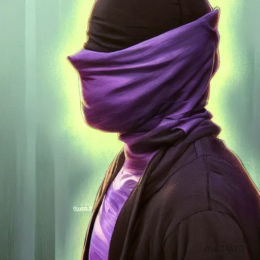 Image similar to ultra realistic illustration, man in a black hood, in a striped purple balaclava, mysterious, highly detailed, digital painting, artstation, concept art, smooth, sharp focus, illustration, art by artgerm and greg rutkowski and alphonse mucha