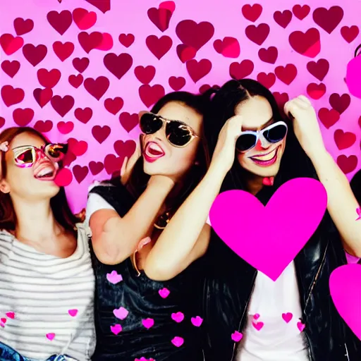 Prompt: a portrait of college girls with sunglasses having fun at a party with pink hearts floating in the air