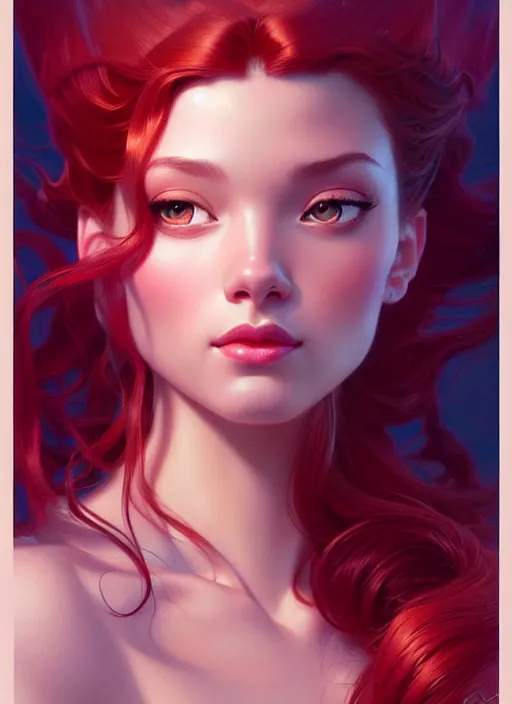 Image similar to portrait of disney ariel, intricate, elegant, highly detailed, my rendition, digital painting, artstation, concept art, smooth, sharp focus, illustration, art by artgerm and greg rutkowski and alphonse mucha and uang guangjian and gil elvgren and sachin teng, symmetry!!