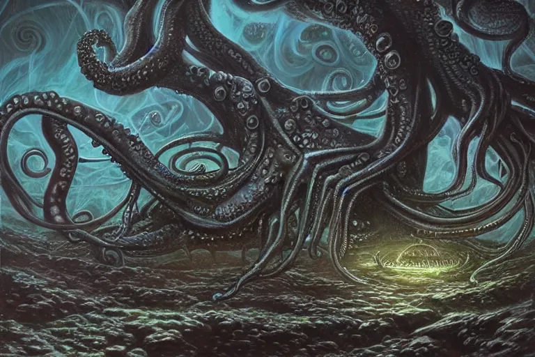 Image similar to ultra realist soft painting of the world of lovecraft elden ring and giger gigantic oily tentacles and eyes very intricate details ultra dense