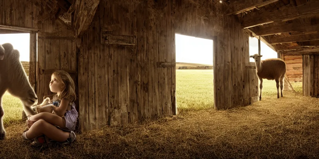 Image similar to insanely detailed wide angle photograph, atmospheric, girl nursing a lamb in a barn, horror, night, shadows, secluded, evil eyes, hay, a cow, windows