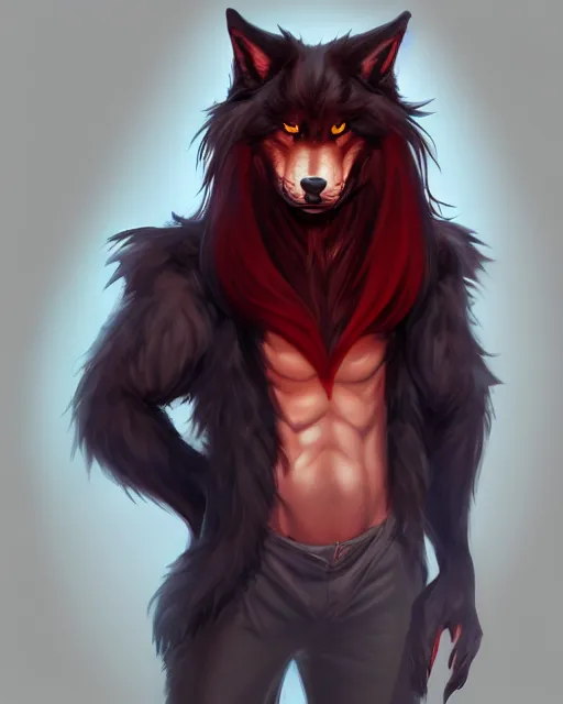 Image similar to character concept art of a black anthropomorphic furry male wolf long red hair | | cute - fine - face, pretty face, key visual, realistic shaded perfect face, fine details by stanley artgerm lau, wlop, rossdraws, james jean, andrei riabovitchev, marc simonetti, and sakimichan, trending on artstation