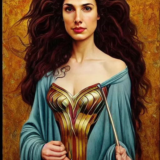 Image similar to Full body oil painting of the beautiful woman Gal Gadot, she is wearing some withe ancient greek cloths and a surreal ornate, her hair is natural disheveled, naturalism, dramatic lighting, high-detailed oil painting by Ilya Repin, Michelangelo da Caravaggio, William Blake, Alex Grey and Beksinski, trending on Artsatio, masterpiece, 4k, 8k,