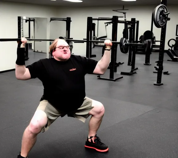 Image similar to gabe newell performing squats, award winning photograph by artie zeller