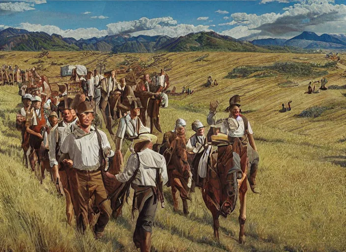 Image similar to mormon pioneers, highly detailed, kitamura