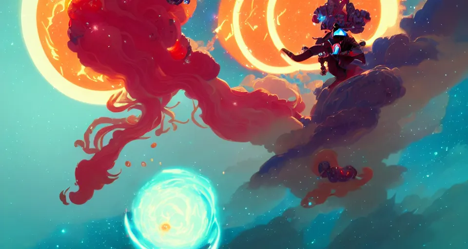 Image similar to a fiery fireball blazing with light, surrounded with spiriling sparkling rose crystals and galaxies, by peter mohrbacher, hyper light drifter, ukiyo - e trending on artstation