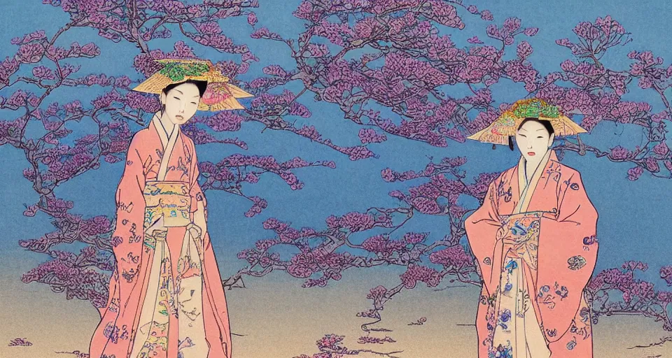 Image similar to a young asian woman with traditional korean robes walking on the sand in the desert, thousand flowers on her head, ultradetailed fantastic castles in the distance, japanese art, korean art, illustration in the style of moebius, miyazaki, alphone mucha, hokusai