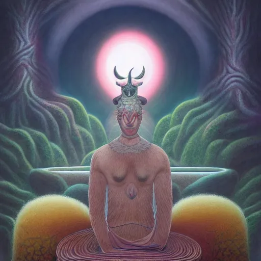 Image similar to an anthromorphic ram meditating in a zen garden with a waterfall under the blood moon, by Adi granov and afarin sajedi and amanda sage and evgeni gordiets and Agostino Arrivabene and adonna khare in a psychedelic portrait style, ultrarealistic matte painting, volumetric lighting, fractal, extremely symmetrical, highly detailed face, orisha, 8k, hd