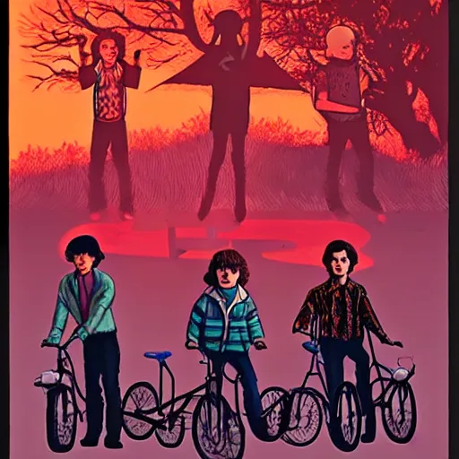 Image similar to stranger things four friends riding their bike encounter a demogorgon