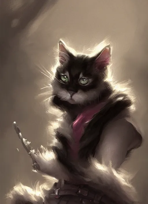 Image similar to cat black and white fur, pink nose, tiny, small, miniature animal, baby animal, short, cute and adorable, pretty, beautiful, dnd character art portrait, matte fantasy painting, deviantart artstation, by jason felix by steve argyle by tyler jacobson by peter mohrbacher, cinematic lighting