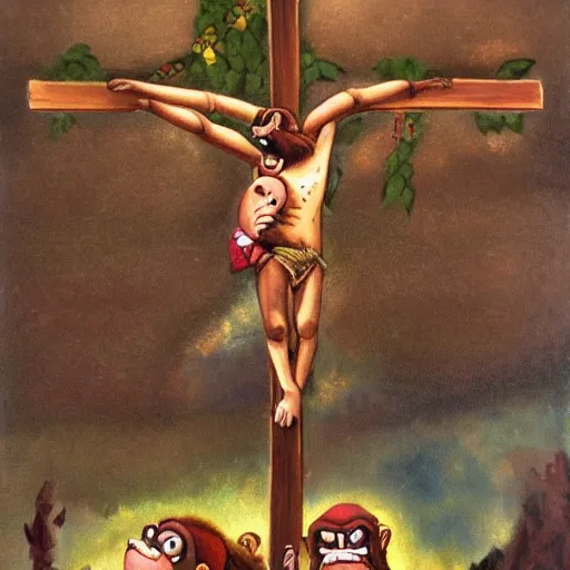 Prompt: Donkey Kong dies on the cross for our sins, oil painting