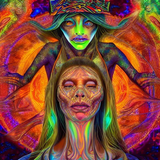 Prompt: photorealistic witch goddess as a dmt entity in the style of alex grey and michael whelan. hyperdetailed photorealism, 1 0 8 megapixels, amazing depth, high resolution, 3 d shading, 3 d finalrender, 3 d cinematic lighting, glowing rich colors, psychedelic overtones, artstation concept art.
