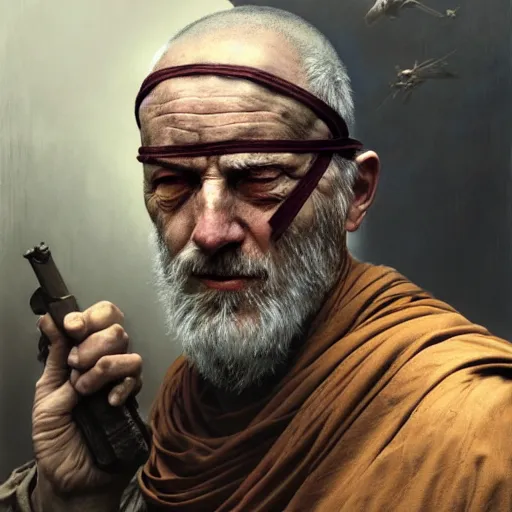 Image similar to portrait painting of a post - apocalyptic older american man blindfolded and wearing monk garbs with a scrap pauldron, ultra realistic, concept art, intricate details, eerie, highly detailed, photorealistic, octane render, 8 k, unreal engine. art by artgerm and greg rutkowski and charlie bowater and magali villeneuve and alphonse mucha