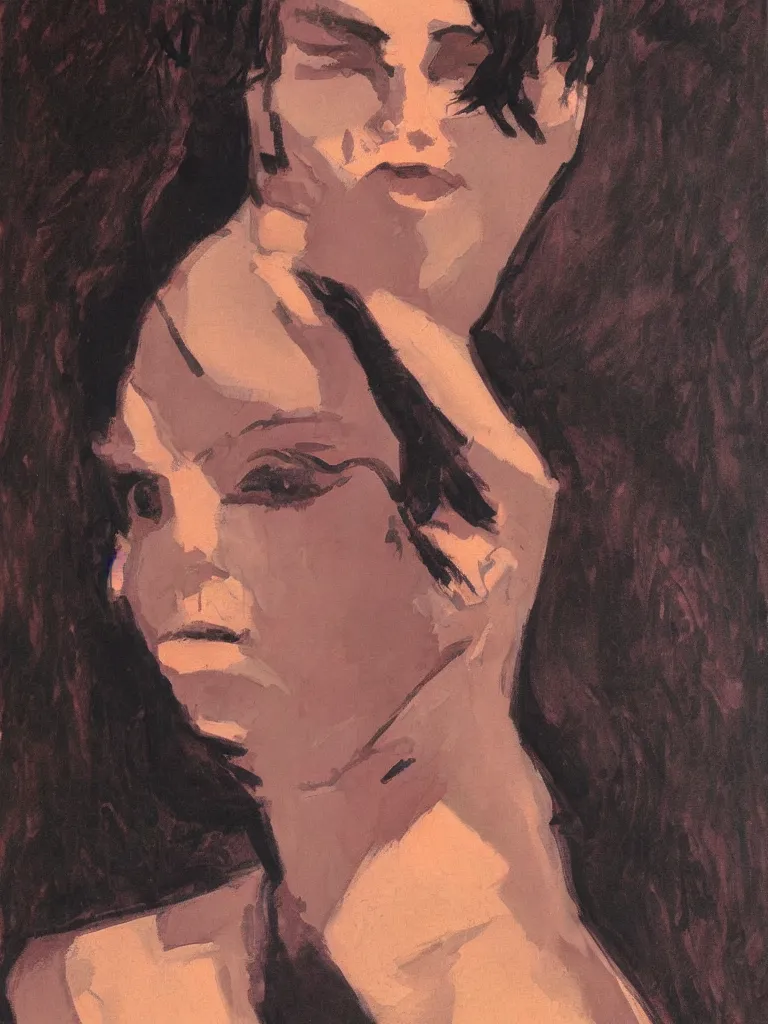 Image similar to portrait profile of one mysterious dark beautiful women in 1 9 7 8, oil painting by john watkiss