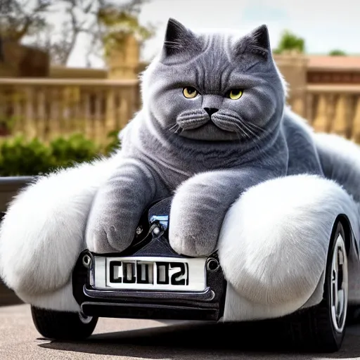 Image similar to a fluffy British Shorthair transformed into a roadster, cool, realistic, 4k, hd, highly detailed