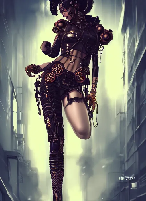 Image similar to soft lustrous ebony geisha seductive raver gutter punk steampunk cyborg, yakuza, golden ratio, details, scifi, fantasy, cyberpunk city, intricate, decadent, highly detailed, octane render, digital painting, artstation, concept art, sharp focus, illustration, art by artgerm, loish, wlop