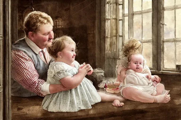 Image similar to charming and chubby parents and their very fat baby girl, wearing a polka dot cloths and a victorian - style hairdo, sits in the large and bright studio. sunlight enters through the barred window. delicate watercolor and pencil on canvas. beautiful lighting, 4 k post - processing, highly detailed, 5 k extremely detailed, 3 d. cinematic scene.