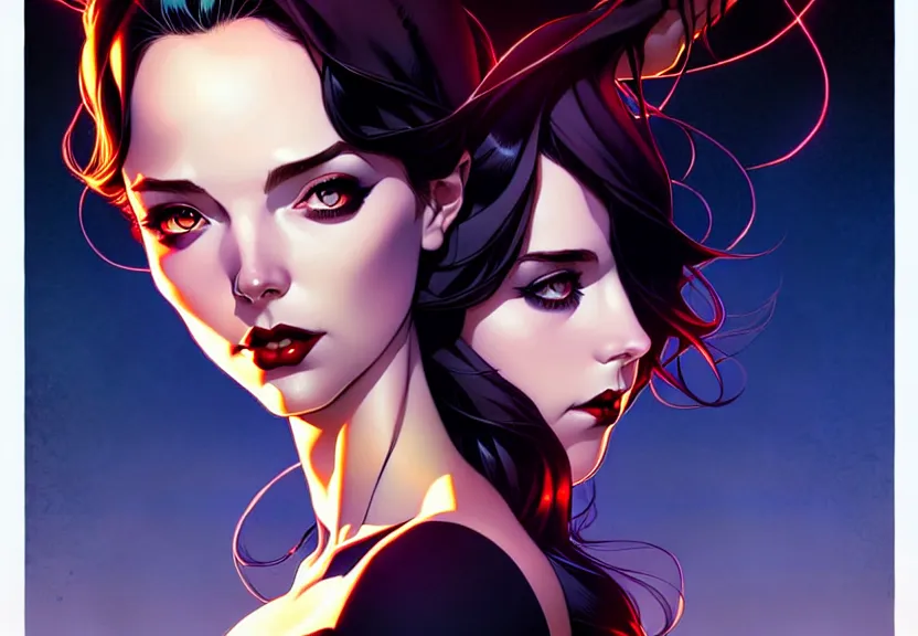 Image similar to artgerm, joshua middleton comic cover art, full body pretty kacey rohl vampire, symmetrical eyes, symmetrical face, long curly black hair, dark castle background background, cinematic lighting