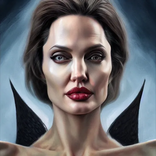 Image similar to Angelina Jolie as Lucifer Morningstar, highly detailed, digital painting, artstation, concept art, smooth, sharp focus, illustration, ArtStation, art by Katsuhiro Otomo and Tom Bagshaw