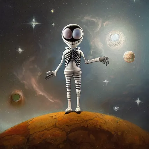 Image similar to michal karcz surrealism Pastel painting of the end of an astronaut happy in the galaxy. , in the style of jack skellington, in the style of a clown, loony toons style, love theme, detailed, elegant, intricate, 4k, Renaissance painting