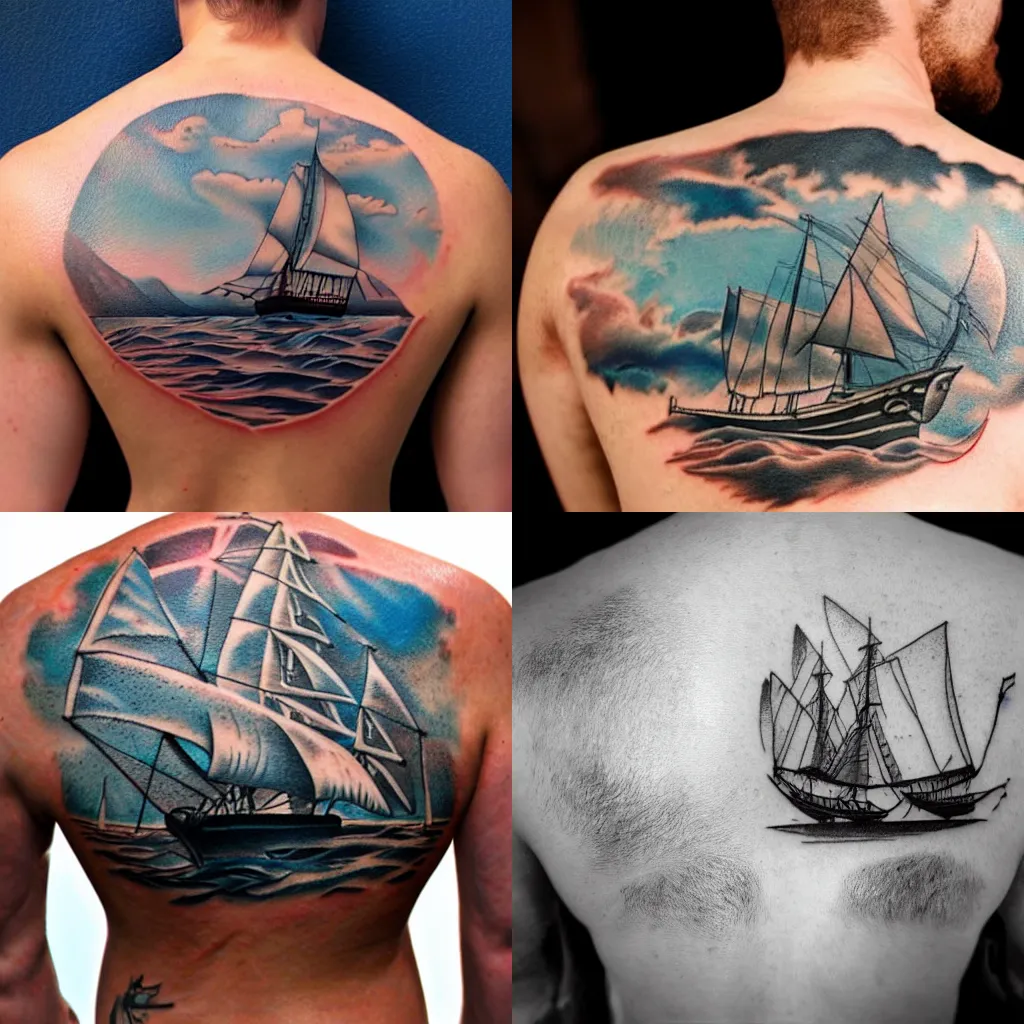  American Traditional Eagle Clipper Ship Outline Tattoo