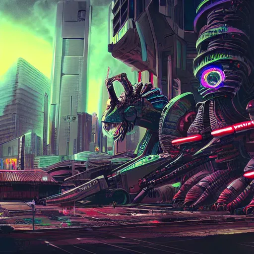 Prompt: beautiful detailed render, psychedelic titan robot mecha dinosaurs, cyberpunk, city, urban, dystopian