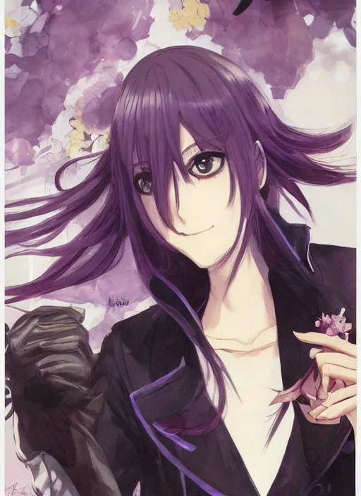 Image similar to luxury advertisement, medium close-up of a manga girl with a purple trenchcoat by krenz cushart, Sasoura, Satchely and Akihiko Yoshida, black medium length Dutch bob cut hair with straight bangs, poster